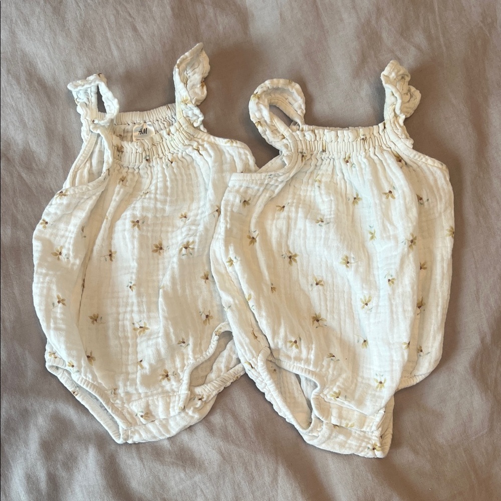 H&M Organic Cotton Baby Rompers - Cream and Gold for Twin Girls